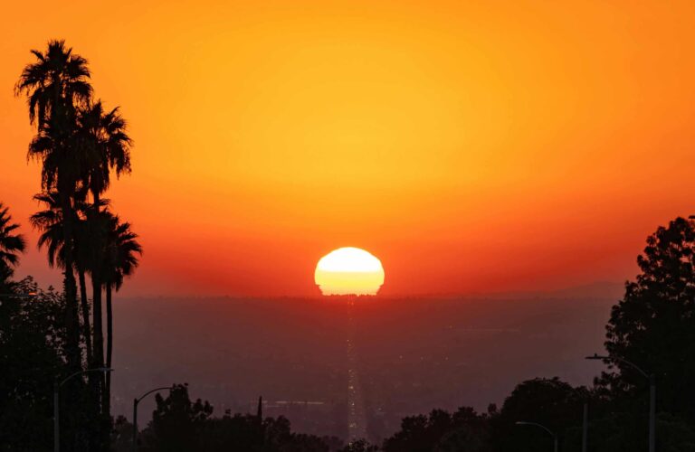 Vibrant orange sunset over palm trees in Highland, CA captured on a clear fall evening.