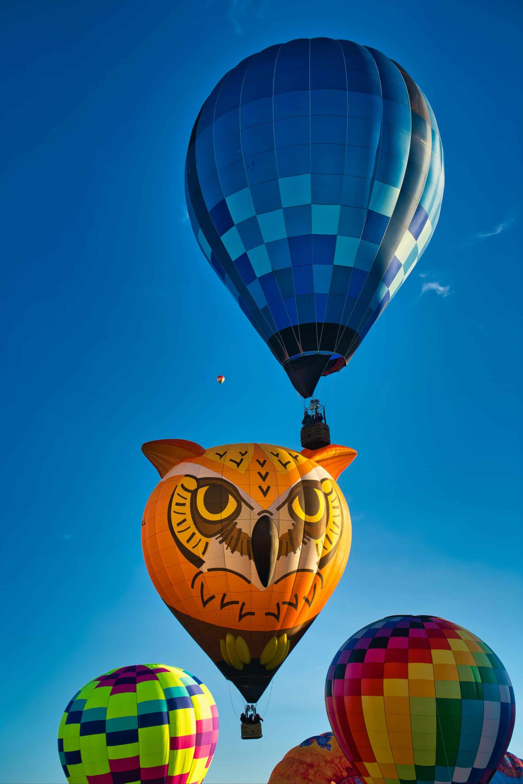 Vibrant hot air balloons soar in the clear blue sky at the Albuquerque Balloon Fiesta.