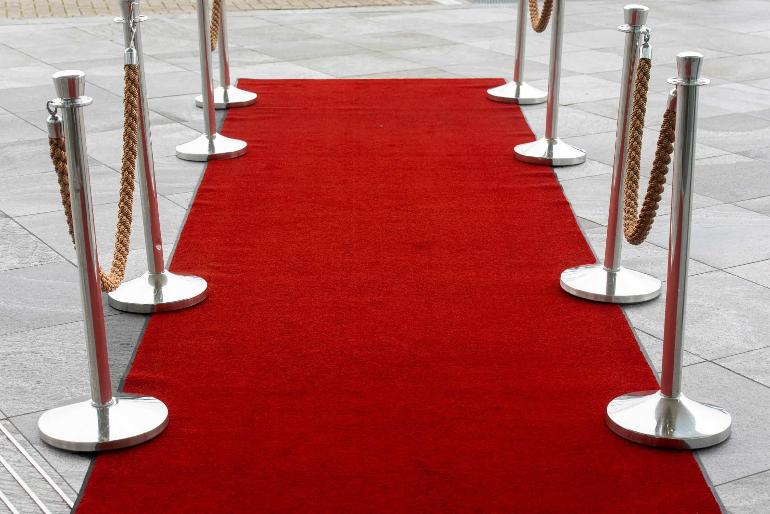 Emmy Awards, Red carpet entrance with stanchions on a tiled outdoor surface, perfect for events.