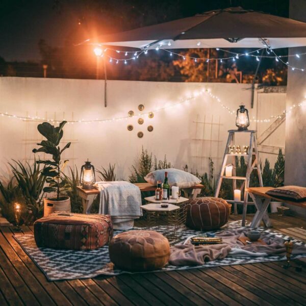 This photograph features an outdoor setting at home for romantic evening. Date night can take place in a cozy setting like this.