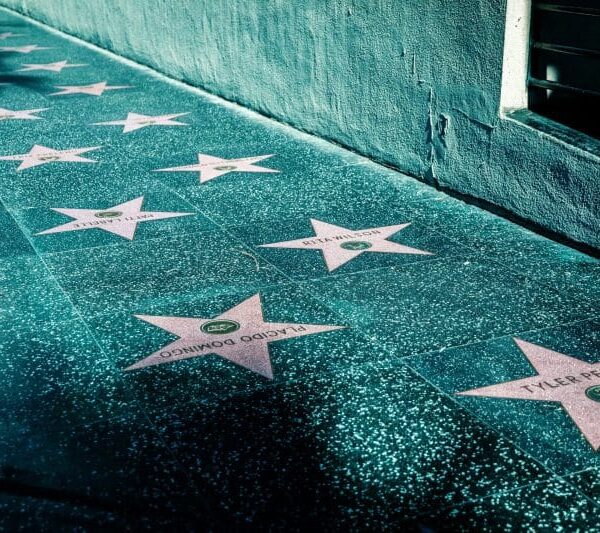 View of Hollywood Walk of Fame with stars on the sidewalk in Los Angeles, California.