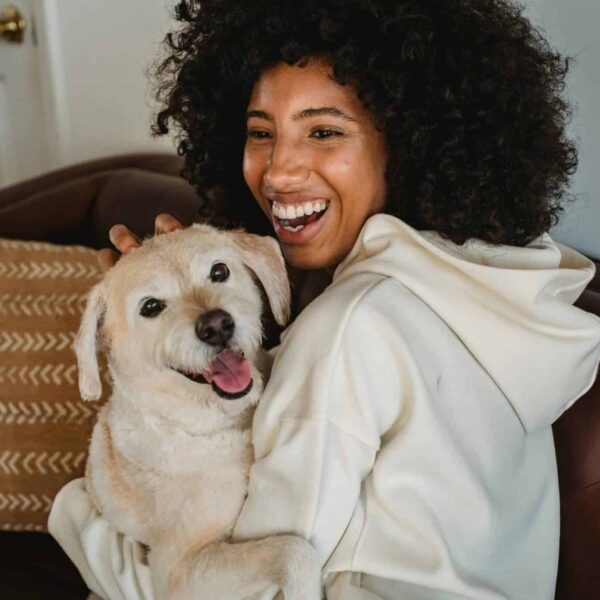 Happy young black lady hugging with dog while sitting on sofa in casual outfit in room. pets in dorms