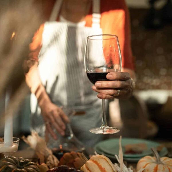 Cozy indoor autumn dinner setting with a person holding a glass of red wine, surrounded by festive decor. fall, wine, wine season, fall wine season traveling