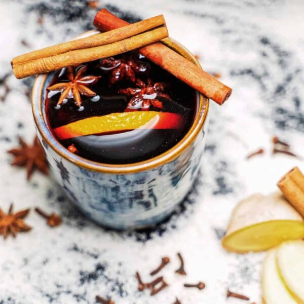 This is a photograph of a festive beverage. Fall mocktails can be delicious additions to autumn events.
