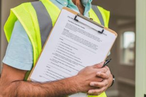 red flags, home inspectors, Close-up of home inspector holding a checklist on a clipboard with a pen.