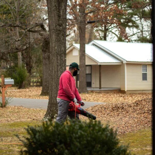 A man cleans fallen leaves with a blower in a residential neighborhood during autumn. leaf vacuums