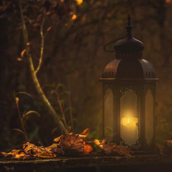 Autumn Equinox, release, yellow pillar candle in black lantern