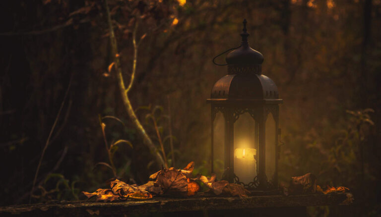 Autumn Equinox, release, yellow pillar candle in black lantern