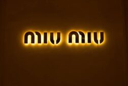 This is a photograph of the Miu Miu logo. The Arcadie handbag is a popular Miu Miu item.
