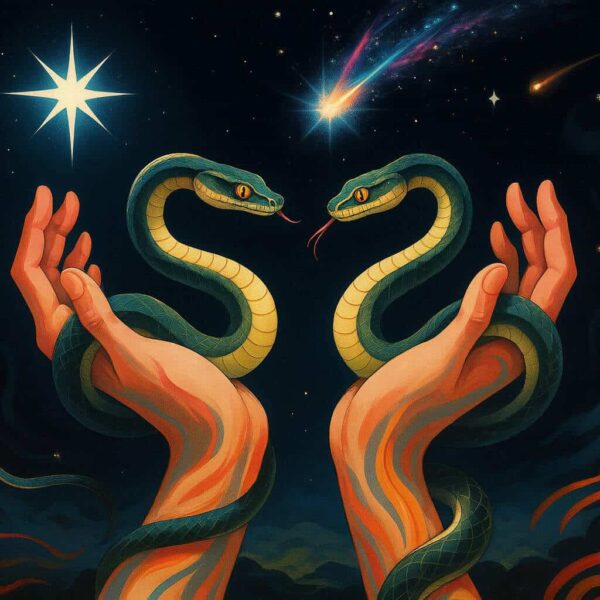Symmetrical hands cradle glowing serpents beneath a starry sky, with swirling cosmic patterns and radiant comets—symbolizing transformation and celestial energy for Ophiuchus.
