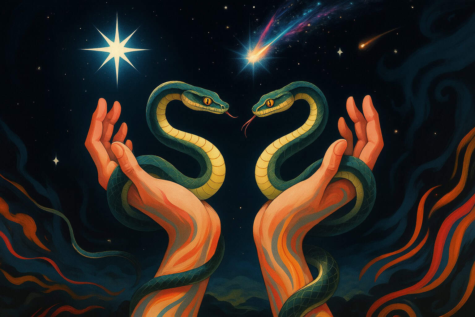 Symmetrical hands cradle glowing serpents beneath a starry sky, with swirling cosmic patterns and radiant comets—symbolizing transformation and celestial energy for Ophiuchus.