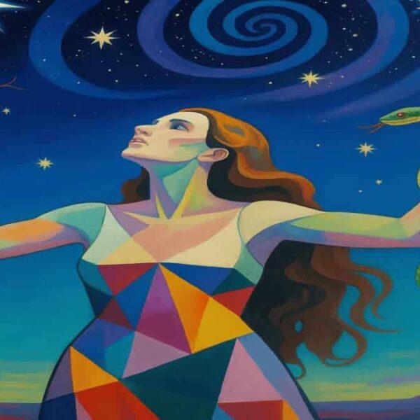 Symbolic artwork of a woman holding snakes under a cosmic night sky, featuring geometric dress, spiral galaxy, and eight-pointed star—used for astrology editorial on Ophiuchus.