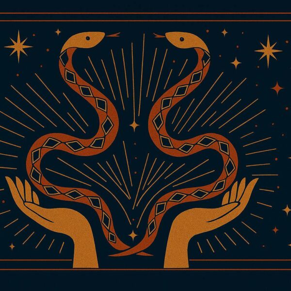 Art deco-style illustration of two golden hands holding intertwined serpents, set against a navy blue background with radiant starbursts and celestial accents. The serpents feature geometric patterns in burnt orange and gold, framed by angular lines and symmetrical stars. Ophiuchus.