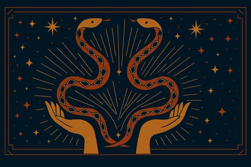 Art deco-style illustration of two golden hands holding intertwined serpents, set against a navy blue background with radiant starbursts and celestial accents. The serpents feature geometric patterns in burnt orange and gold, framed by angular lines and symmetrical stars. Ophiuchus.