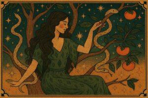 Vintage-style landscape illustration of a forest woman seated in a tree with snakes, persimmons, and stars in the sky inspired by Ophiuchus.