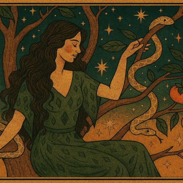 Vintage-style landscape illustration of a forest woman seated in a tree with snakes, persimmons, and stars in the sky inspired by Ophiuchus.