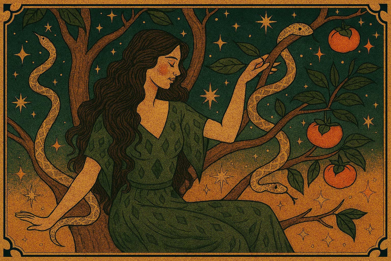 Vintage-style landscape illustration of a forest woman seated in a tree with snakes, persimmons, and stars in the sky inspired by Ophiuchus.