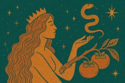 A goddess reaches toward a golden serpent under a star-filled teal sky—mystical, intuitive, and mythic, echoing Mercury’s trine to Neptune. Ophiuchus.