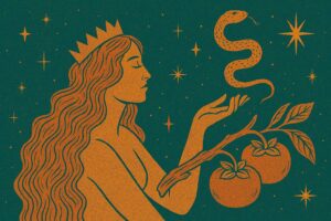 A goddess reaches toward a golden serpent under a star-filled teal sky—mystical, intuitive, and mythic, echoing Mercury’s trine to Neptune. Ophiuchus.