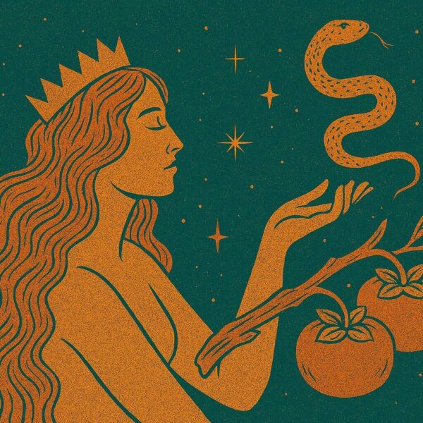 A goddess reaches toward a golden serpent under a star-filled teal sky—mystical, intuitive, and mythic, echoing Mercury’s trine to Neptune. Ophiuchus.