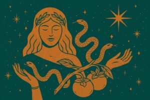 Ophiuchus daily horoscope inspired goddess cradles a serpent in her hands, framed by radiant stars—evoking Capricorn’s steady ambition and legacy-building.