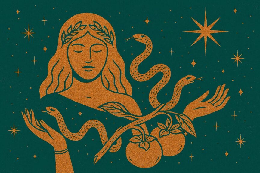Ophiuchus daily horoscope inspired goddess cradles a serpent in her hands, framed by radiant stars—evoking Capricorn’s steady ambition and legacy-building.