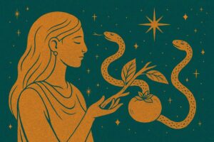 A serene figure raises her hand as twin serpents rise toward the stars—refined, devotional, and aligned with Venus entering Virgo. Ophiuchus.