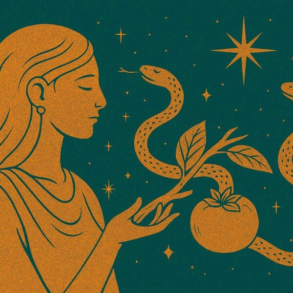 A serene figure raises her hand as twin serpents rise toward the stars—refined, devotional, and aligned with Venus entering Virgo. Ophiuchus.