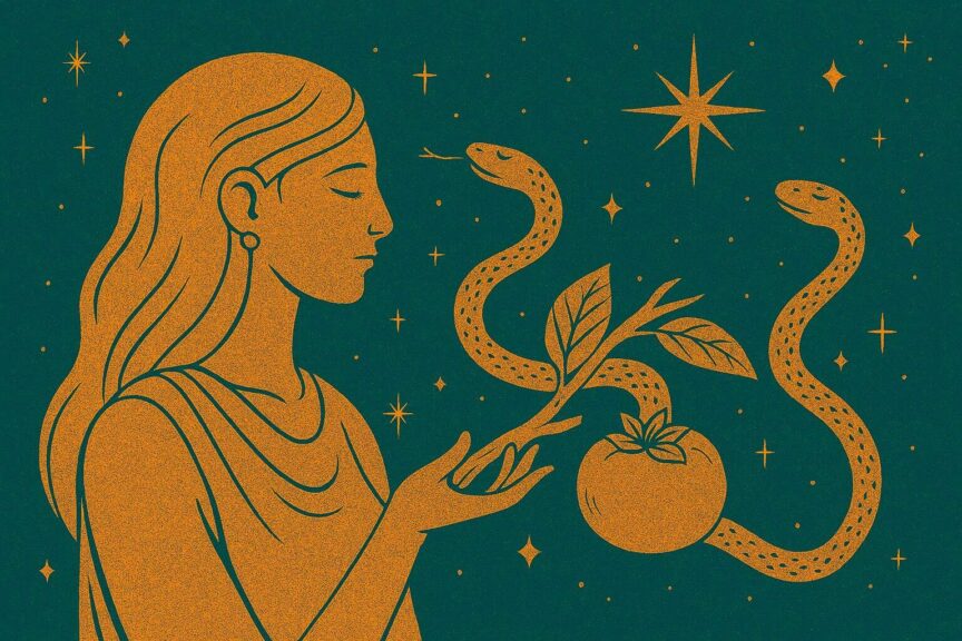 A serene figure raises her hand as twin serpents rise toward the stars—refined, devotional, and aligned with Venus entering Virgo. Ophiuchus.
