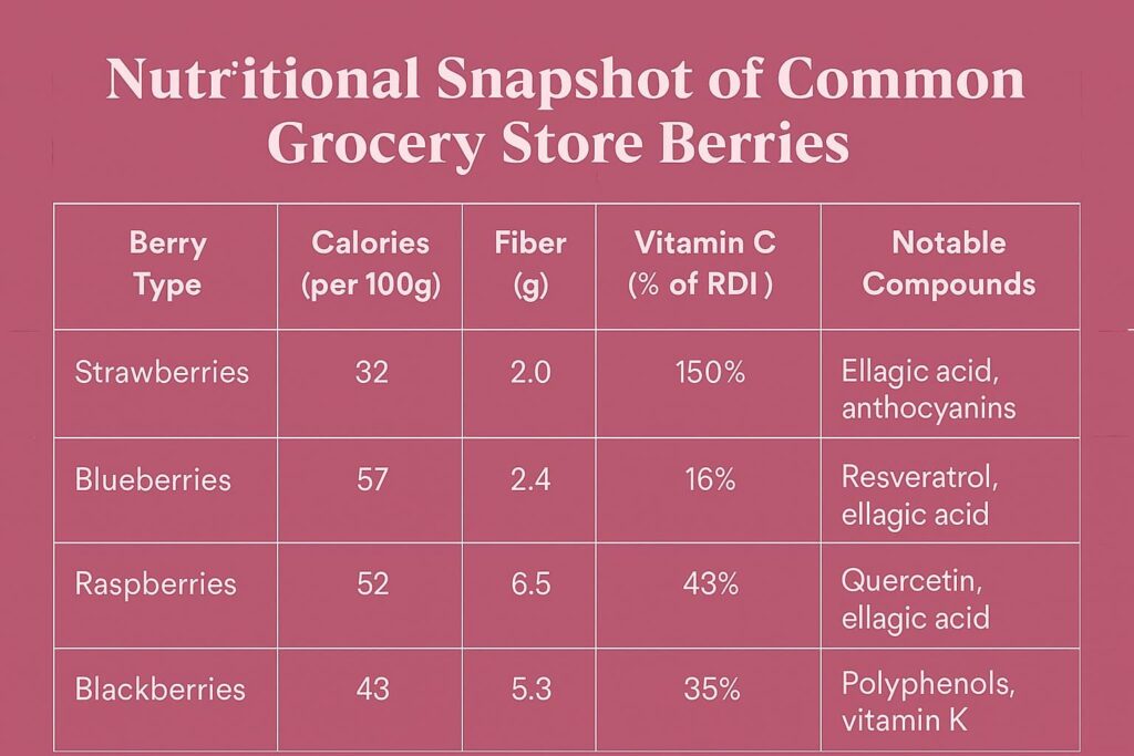 Berry nutrition infographic comparing calories, fiber, vitamin C, and key compounds in strawberries, blueberries, raspberries, and blackberries.