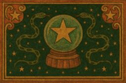 A glowing crystal ball containing a golden star, wrapped by two green serpents, set against a starry folk art sky inspired by Ophiuchus.