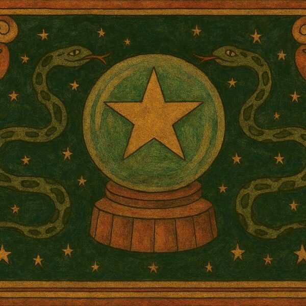 A glowing crystal ball containing a golden star, wrapped by two green serpents, set against a starry folk art sky inspired by Ophiuchus.