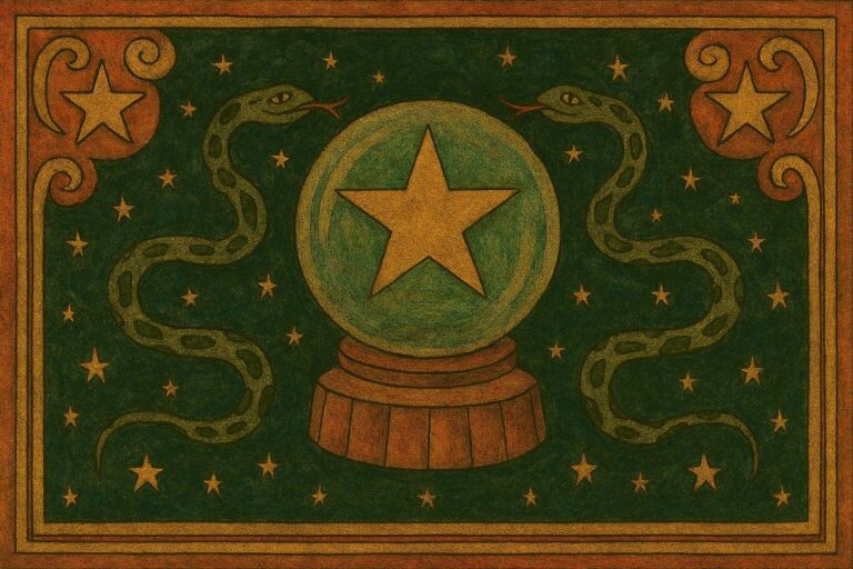 A glowing crystal ball containing a golden star, wrapped by two green serpents, set against a starry folk art sky inspired by Ophiuchus.