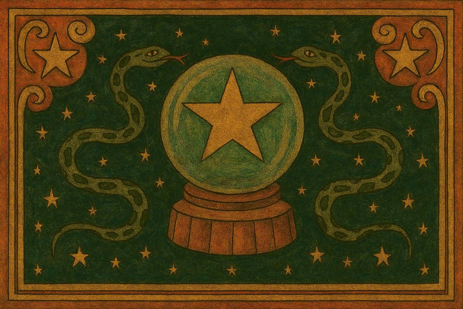 A glowing crystal ball containing a golden star, wrapped by two green serpents, set against a starry folk art sky inspired by Ophiuchus.