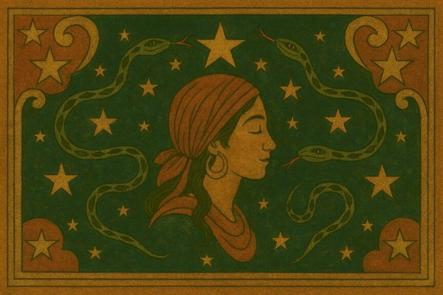 A cluster of golden stars with serpents weaving through them, framed in celestial folk art. Ophiuchus