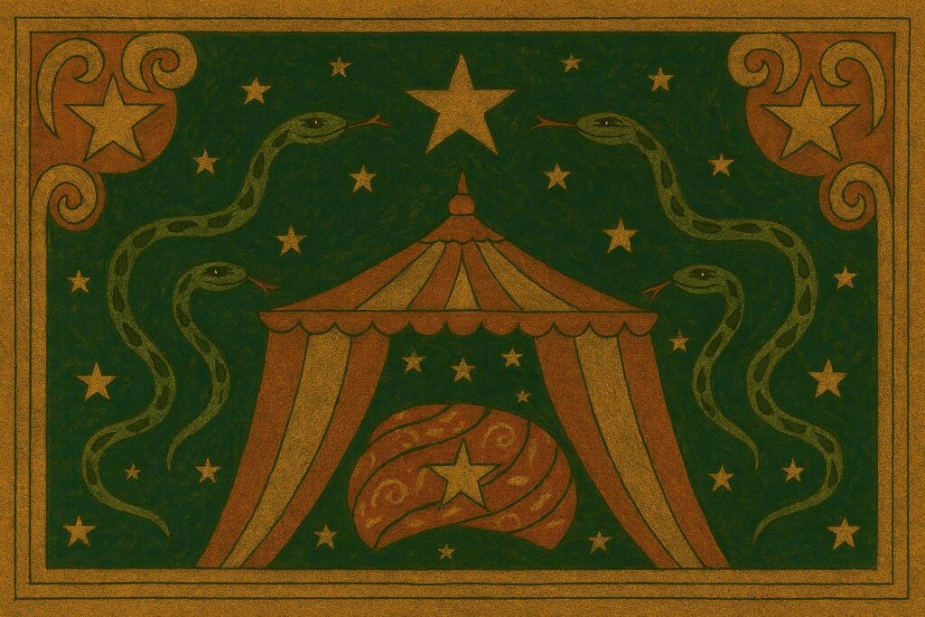 A striped circus tent with scalloped trim, flanked by serpents and stars in a celestial folk art style inspired by Ophiuchus.