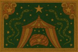 A striped circus tent with scalloped trim, flanked by serpents and stars in a celestial folk art style inspired by Ophiuchus.