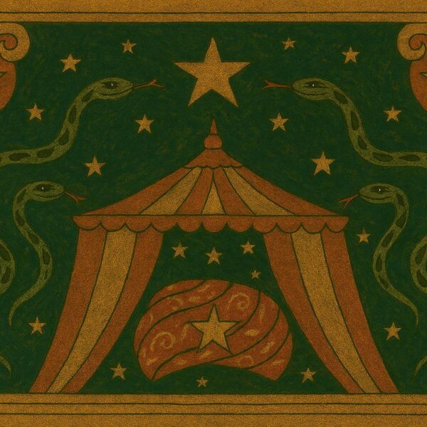 A striped circus tent with scalloped trim, flanked by serpents and stars in a celestial folk art style inspired by Ophiuchus.