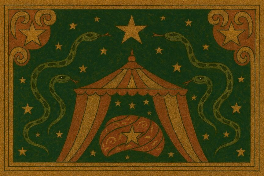 A striped circus tent with scalloped trim, flanked by serpents and stars in a celestial folk art style inspired by Ophiuchus.