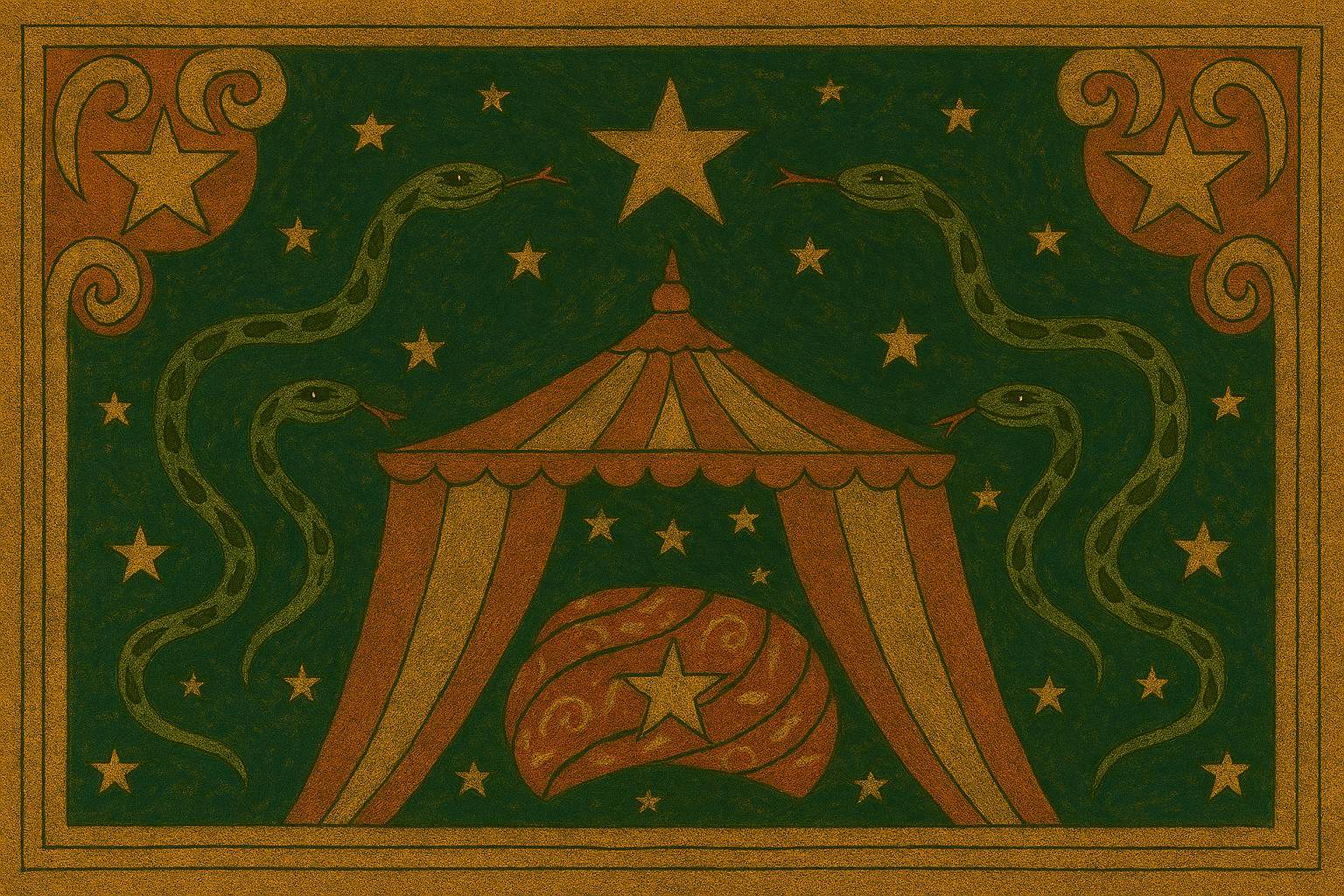 A striped circus tent with scalloped trim, flanked by serpents and stars in a celestial folk art style inspired by Ophiuchus.