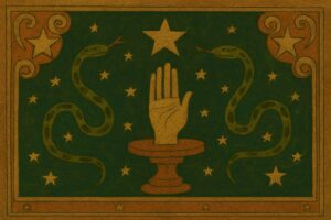 A single golden hand raised from a wooden pedestal, surrounded by serpents and stars in landscape folk art inspired by Ophiuchus.