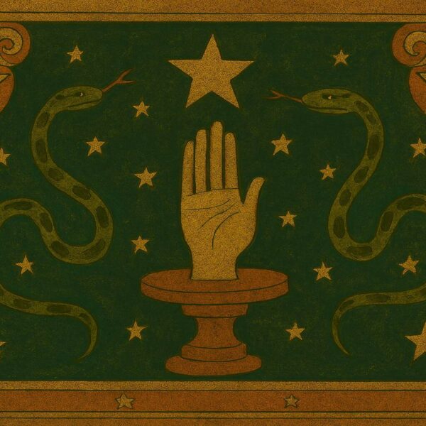 A single golden hand raised from a wooden pedestal, surrounded by serpents and stars in landscape folk art inspired by Ophiuchus.