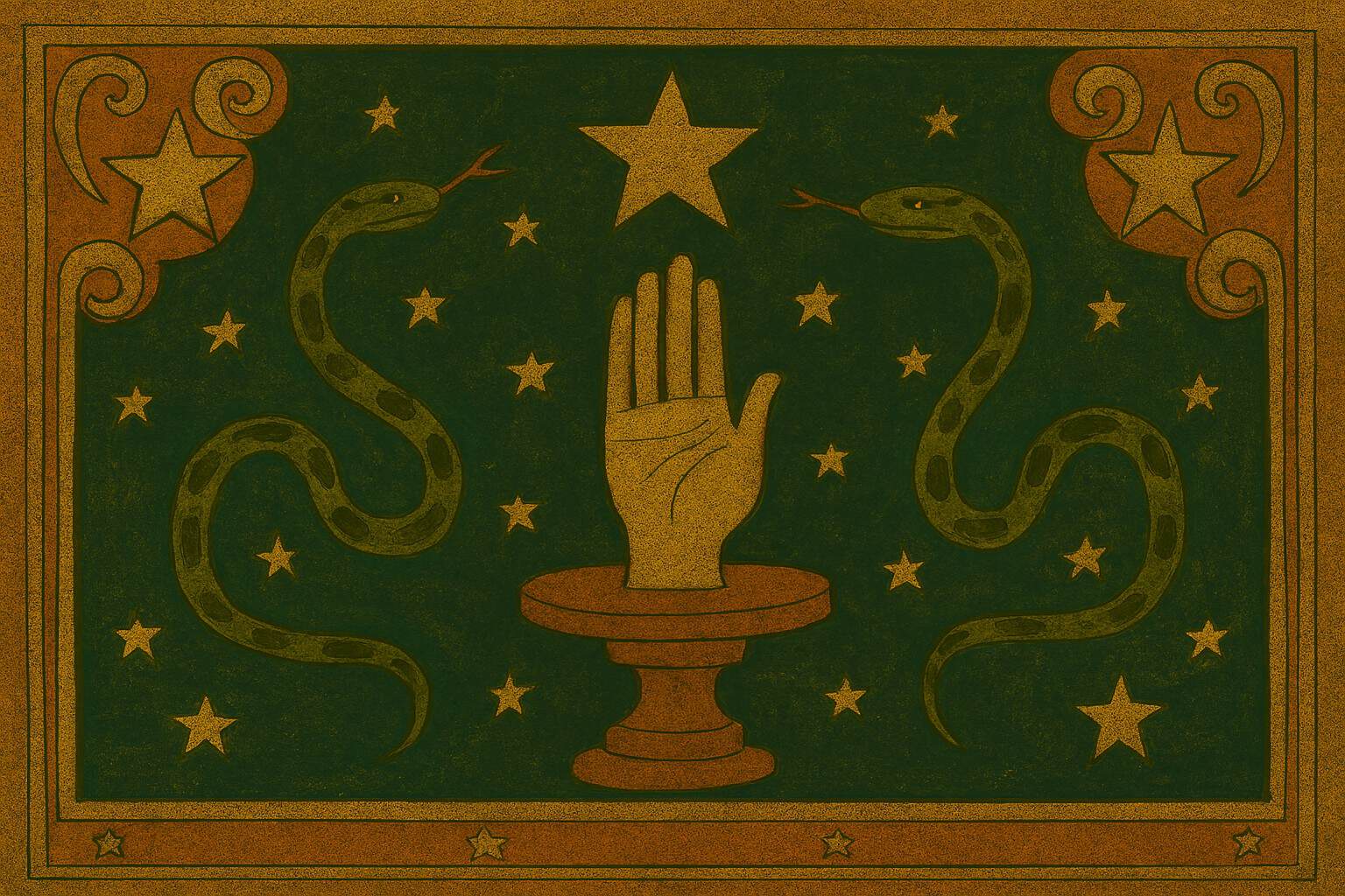 A single golden hand raised from a wooden pedestal, surrounded by serpents and stars in landscape folk art inspired by Ophiuchus.