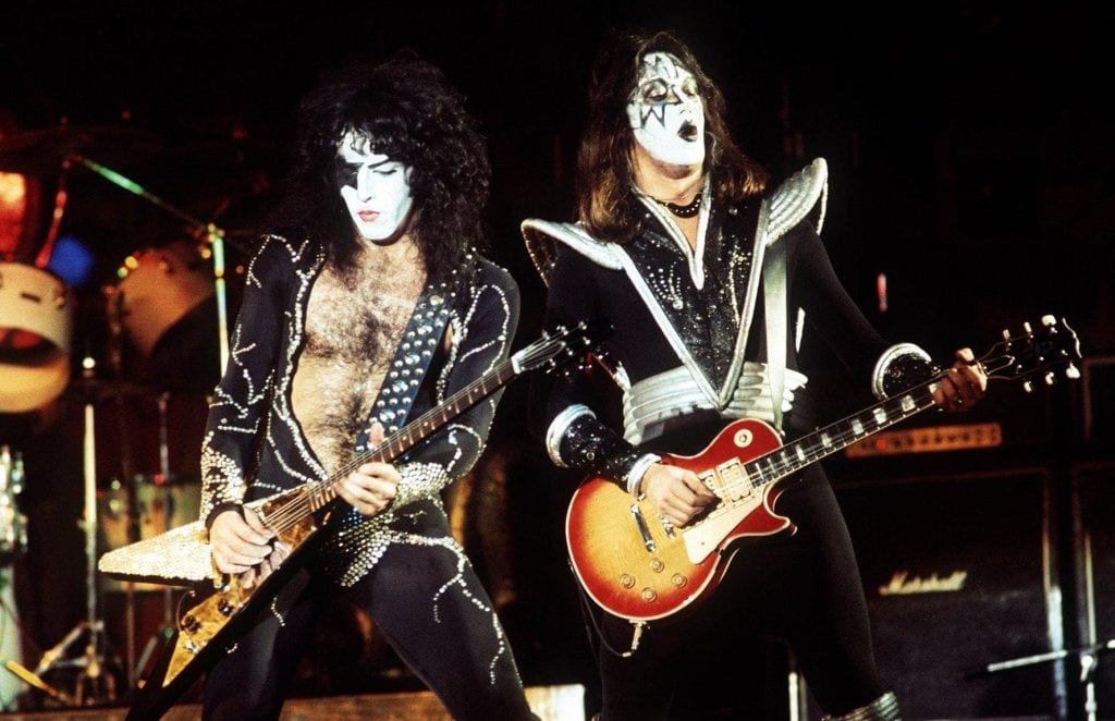 Paul Stanley and Ace Frehley, members of the heavy metal band KISS, perform at the Cumberland County Memorial Auditorium on Dec. 27, 1976.