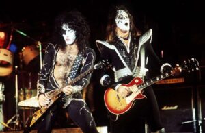 Paul Stanley and Ace Frehley, members of the heavy metal band KISS, perform at the Cumberland County Memorial Auditorium on Dec. 27, 1976.
