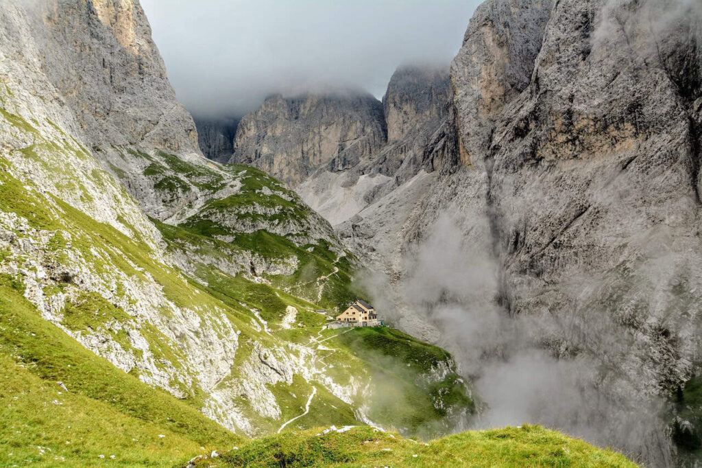 dolomites, refuge, fog, prato, nature, steep, rock, hiking, outdoors, daily devotion