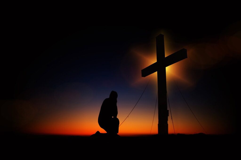 cross, sunset, humility, devotion, silhouette, human, kneeling, knee, pray, worships, prayer, faith, religion, nature, church, symbol, clouds, heaven, christian, crucifixion, quiet, immersion, jesus christ, meditation, jesus, christ, christianity, black, figure, daily devotion