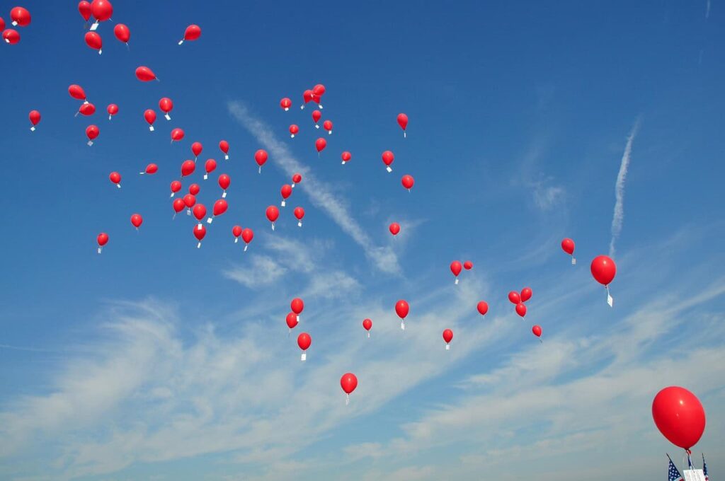 ball, air, helium, sky, nature, festival, letting go of a balloon, red, travel, space, cloud, celebration