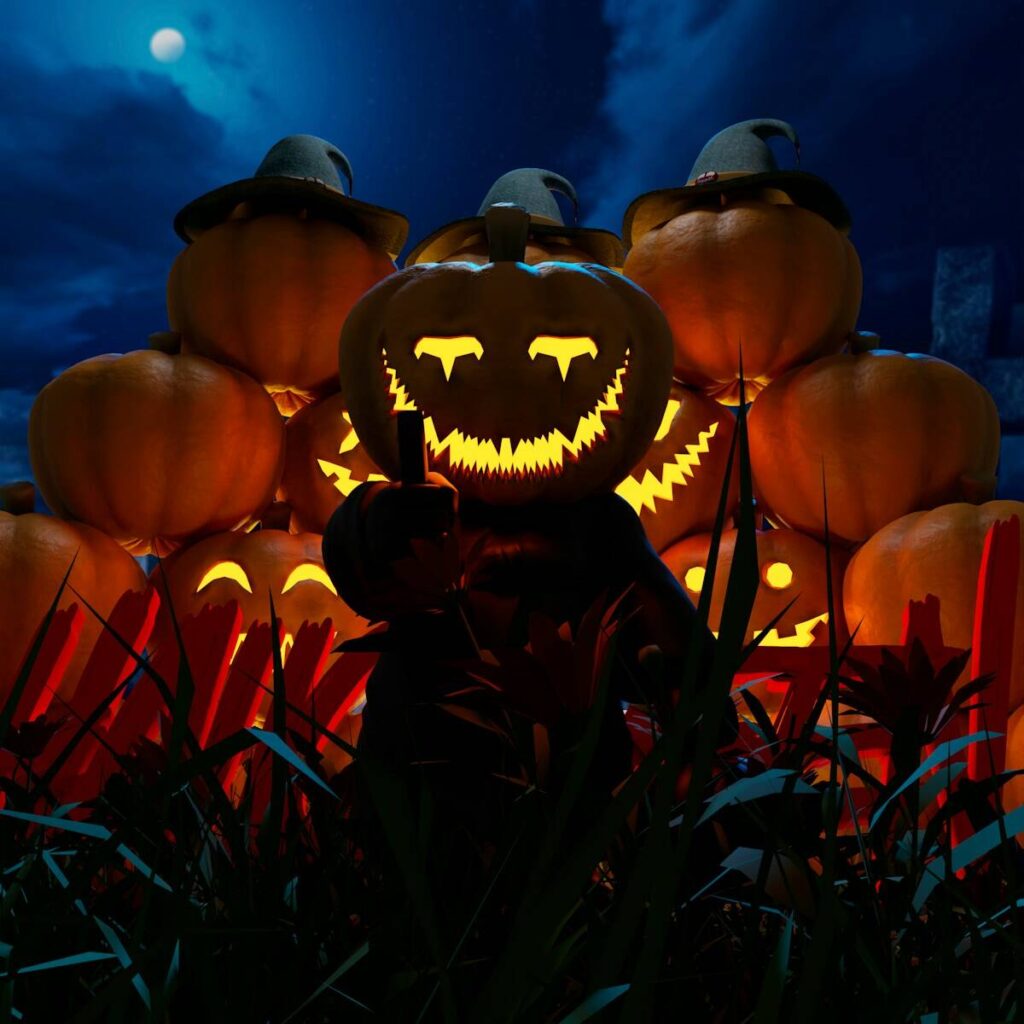 a group of pumpkins with lights,, October