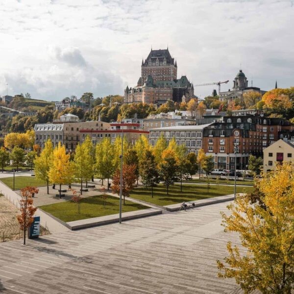 A scenic autumn view of Château Frontenac and surrounding landscape in Old Québec, Canada. Quebec City, Autumn,